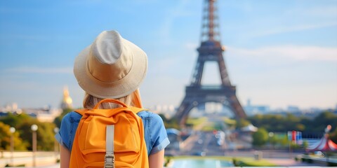 Exploring Paris Young Woman Tourist with Hat and Backpack at Eiffel Tower. Concept Travel...