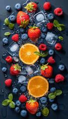 fruit and ice on the black table