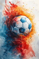 Soccer ball and colorful watercolor background with splashes, illustration