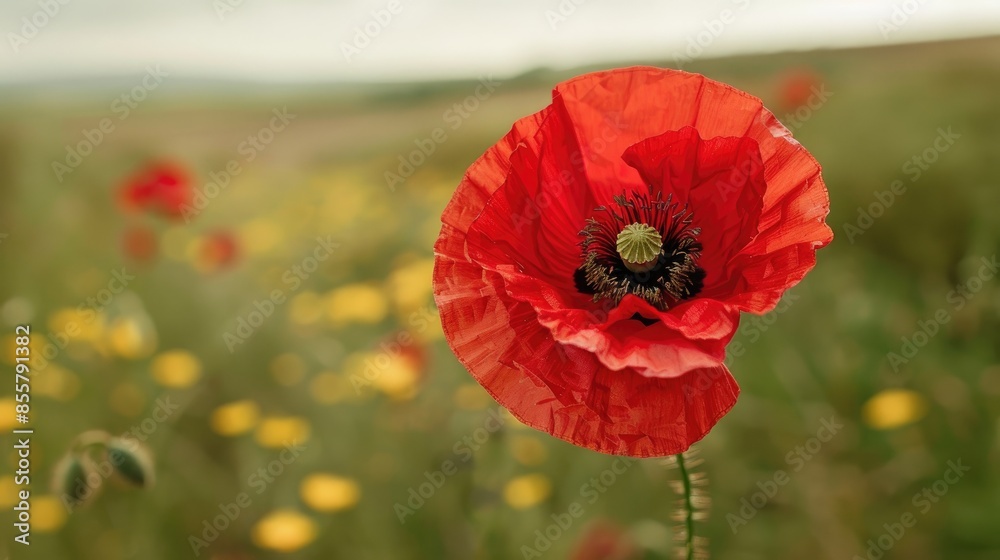 Poster Close up image of a crimson wild poppy flower in a spring farm landscape