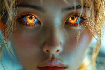 A beautiful woman in a futuristic neon style, perfect as an intro or preview for a music album