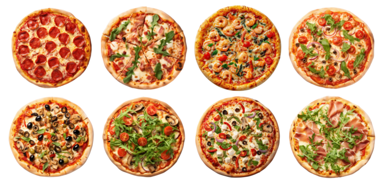 Assorted delicious gourmet pizza varieties png set