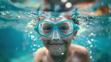Naklejka premium A joyful boy wearing goggles, partially submerged underwater, captures the excitement and fun of swimming.