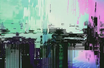 Set of modern illustrations with multicolored digital glitch strips