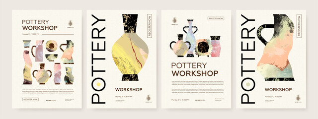 Set of pottery workshop advertising vectot poster design template. Hand made ceramics, clay crockery flat illustration. Pottery lesson, ceramic studio, hobby master class invitation layout