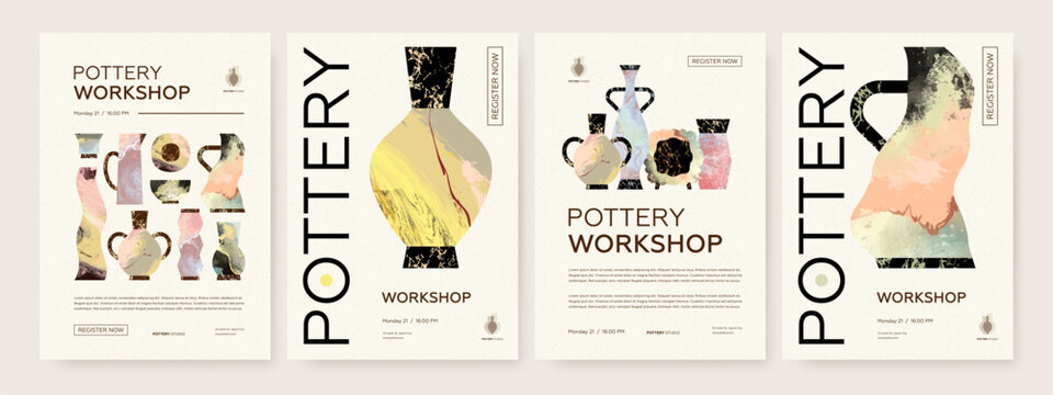 Set of pottery workshop advertising vectot poster design template. Hand made ceramics, clay crockery flat illustration. Pottery lesson, ceramic studio, hobby master class invitation layout