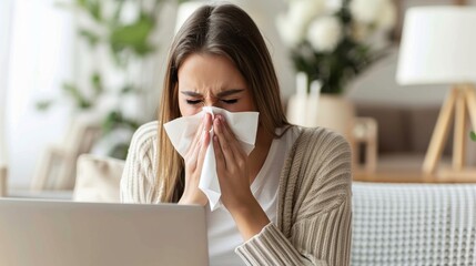 A woman sneezes into a tissue while sitting at home, indicating illness or allergies in a domestic setting.