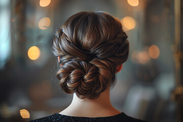 Rear view of a woman with an elegant braided updo hairstyle with loose strands framing her face.