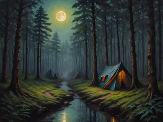 A dark forest trail surrounded by trees at the end is a tent and an evil cult as the moonlight shines through the treetops the character is discovered by this devious cult