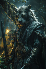 Fototapeta premium formidable lion-like warrior in a mystical forest, adorned with intricate armor and holding a powerful sword, fantasy illustration