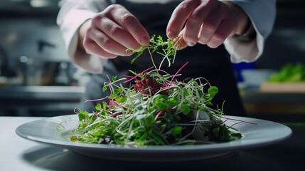 Professional chef garnishing an exquisite plate of gourmet salad with delicate microgreens in fine dining restaurant ambiance.