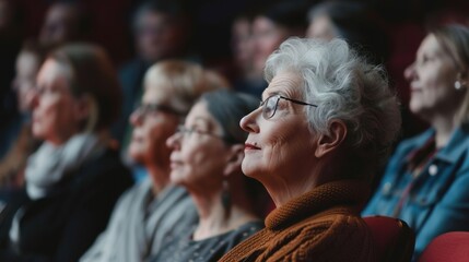 Focused elderly woman with glasses watching a performance, surrounded by others, highlighting engagement and cultural participation.
