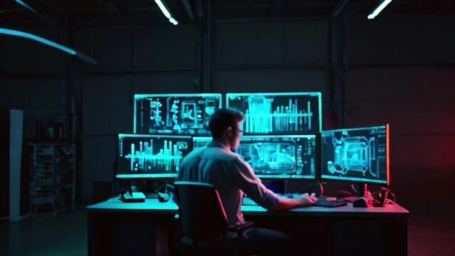 A person is sitting in a dark room with multiple computer monitors in front of them. The monitors are displaying various lines of code and data. 