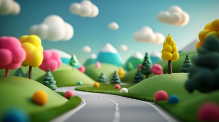 whimsical cartoon landscape with winding road and colorful trees.