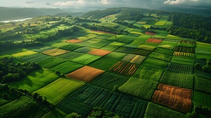 An abstract aerial view of farmland grid patterns, highlighting nature's symmetry. The fields form intricate geometric designs with different textures and colors, creating a harmonious