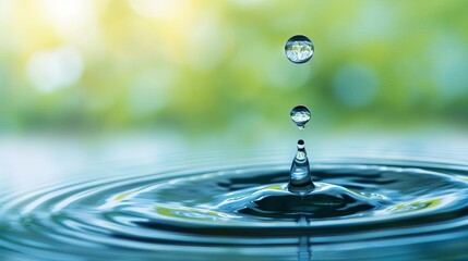 Close-up of water drop falling into still water creating ripples.