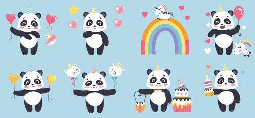 Obraz premium Isolated cartoon pandas with adorable asian characters.