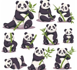 Obraz premium An Asian bear standing on paws, lying on a bamboo tree, crawling on the ground - cute modern cartoon set of Asian bears.