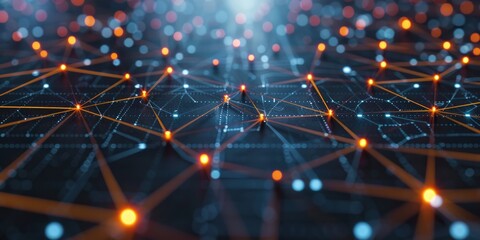 Network connections visualized with glowing nodes and interconnected lines in a digital space