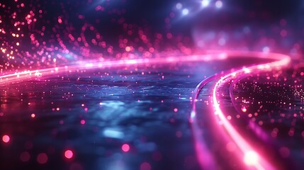 An abstract design featuring a neon grid with retro 80s digital wave elements, evoking a nostalgic tech look. The vibrant neon lines and digital waveforms create a dynamic and glowing scene.