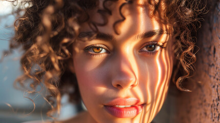 Fototapeta premium Curly-haired woman in sunlight with shadow patterns on her face. Generative AI 