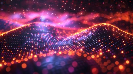 Fototapeta premium An abstract design featuring a neon grid with retro 80s digital wave elements, evoking a nostalgic tech look. The vibrant neon lines and digital waveforms create a dynamic and glowing scene.