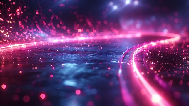 An abstract design featuring a neon grid with retro 80s digital wave elements, evoking a nostalgic tech look. The vibrant neon lines and digital waveforms create a dynamic and glowing scene.