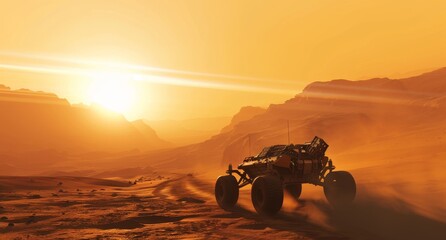 An illustration of a rover on the surface of Mars searching for signs of life. Science and exploration: 3D illustration.