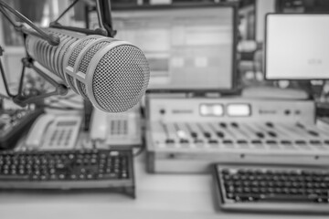 Professional microphone and sound mixer in radio station studio
