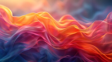 An abstract design featuring wave patterns created by colorful silk ribbons in the wind. The ribbons dance gracefully, forming intricate shapes with vibrant hues, set against a blurred backdrop