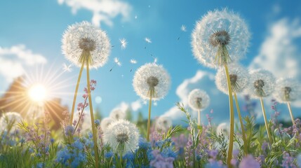 Dandelions dispersing seeds into the breeze under a sunlit sky, surrounded by a vibrant field of wildflowers.