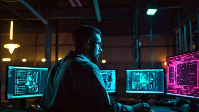 A man in a dark room is sitting in front of three computer monitors. He is wearing glasses and a black hoodie. The monitors are displaying lines of code, and the man is typing on a keyboard.