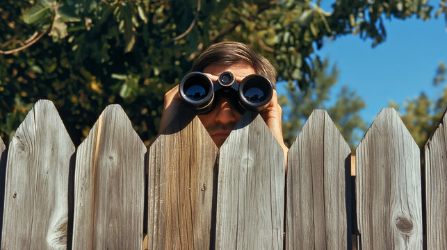 A curious man peeking over a wooden fence with binoculars, displaying an air of nosy neighbor in suburbia.