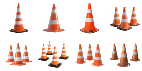 Traffic cone png set collection in 3d transparent no background.