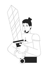 Caucasian man holding sword black and white 2D line cartoon character. European male cosplaying video game hero isolated vector outline person. Interesting hobby monochromatic flat spot illustration