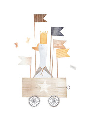 King. Cute goose in a wooden box. Watercolor illustration. Poster illustration for kids room.