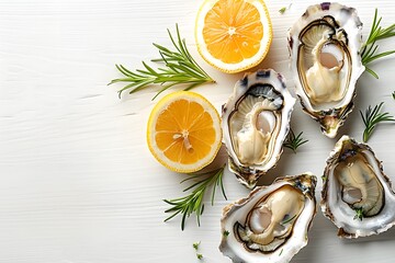 Fresh Seafood Cuisine Concept with Oysters and Lemon on White Wooden Table - Ideal for Culinary Design, Food Blog, Restaurant Menu