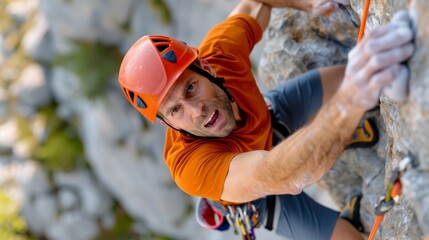 rock climbing man in orange shirt and helmet.