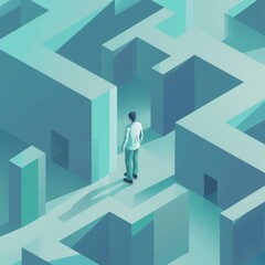A person stands at the entrance to a maze in this business challenge illustration. Conceptual modern design.