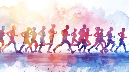 Runners, both men and women, line up in a running group. Modern watercolour illustration.