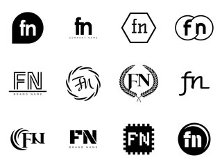 FN logo company template. Letter f and n logotype. Set different classic serif lettering and modern bold text with design elements. Initial font typography.