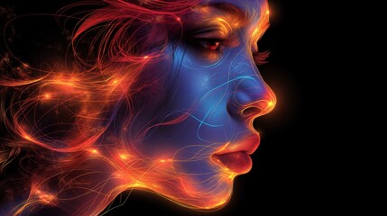 Dynamic digital artwork featuring a woman's face composed of vibrant neon lines on a dark background.