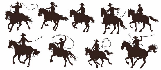 Naklejka premium On a white background, a cowboy on horse with gun stands out from a set of black silhouettes.