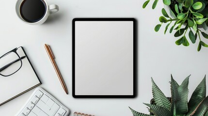 Top view of modern workplace with blank screen tablet computer, stationery and plant. Mock up