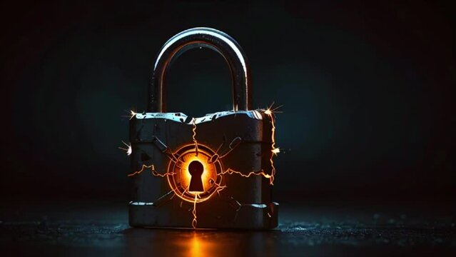 This is a silver padlock with an orange glow coming from the keyhole. The lock is on a dark blue surface with a dark background.
