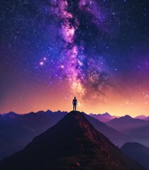 Fototapeta premium Observe the Milky Way galaxy from a high point looking up in wonder at the night time long exposure landscape photography.