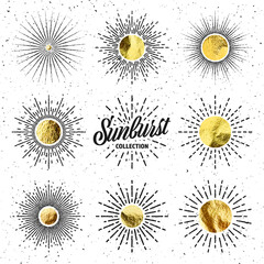 Vintage grunge sunburst sunset beams. Gold foil, shiny handmade circles. Golden glittering texture, pattern. Hand drawn bursting sun, light rays. Logotype, lettering, retro style. Vector illustration