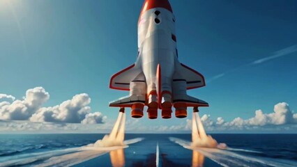A white and orange rocket is launching from a launch pad into a blue sky with white clouds.
