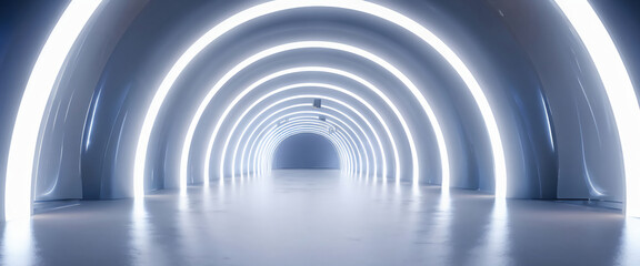 Naklejka premium White background 3D room light abstract space technology tunnel stage floor. Empty white future 3D neon background studio futuristic corridor render modern interior silver road black wall design gray