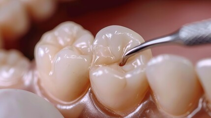 A close-up of a tooth being examined,